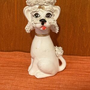 Vintage Mid Century Spaghetti Trim White Poodle Dog Vase Figurine 5 1/2”